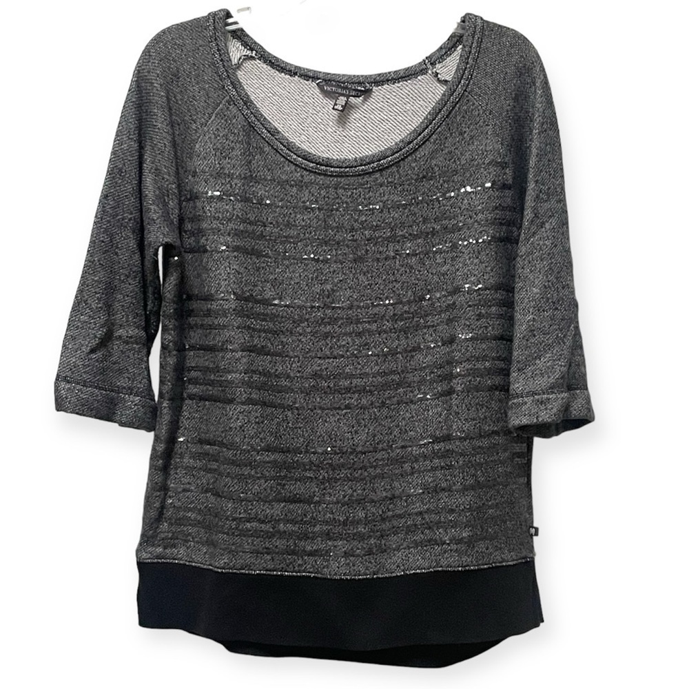 Victoria's Secret Boat Neckline 3/4 Sleeves Sequined Gray Sweatshirt Size XS - Picture 2 of 10